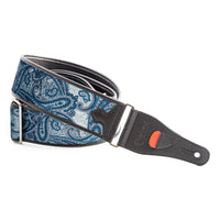 Curled view of RightOn Paisley Velvet Guitar Strap Blue on white background