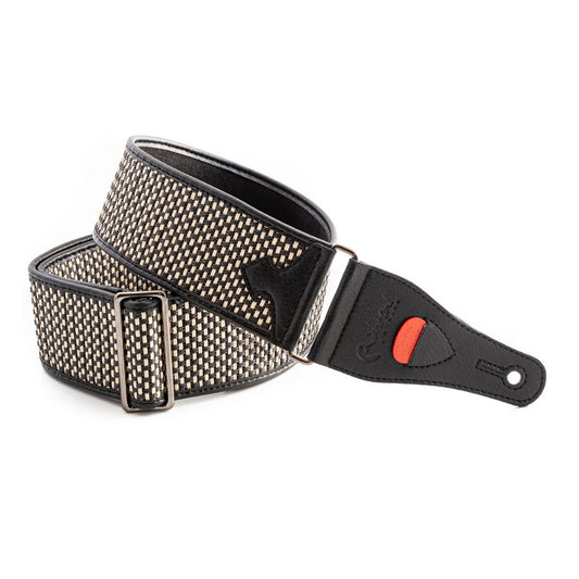 Curled view of RightOn Salt & Pepper II Guitar Strap on white background