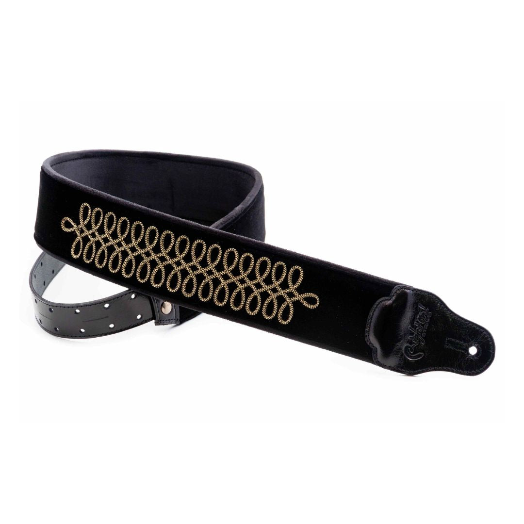 Curled view of RightOn Sgt. Peppers Guitar Strap on white background