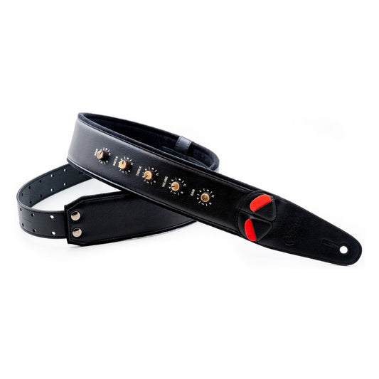 Curled view of RightOn Spinal Tap Guitar Strap on white background