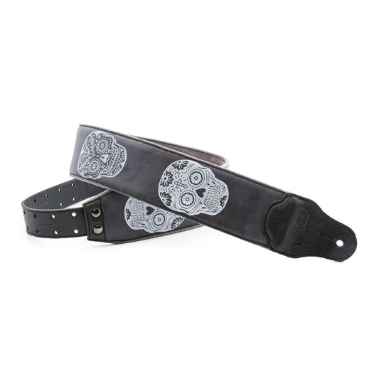 Curled view of RightOn Sugar Skulls Guitar Strap Black on white background