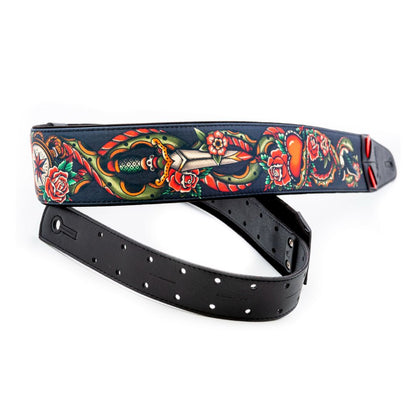 Curled view of RightOn Tattoo Guitar Strap on white background