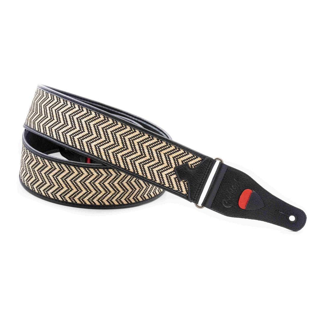 Curled view of RightOn Victoria Guitar Strap on white background