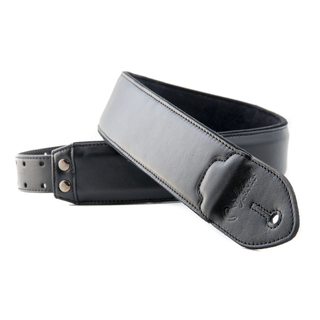 Curled view of RightOn Vintage Guitar Strap Black on white background