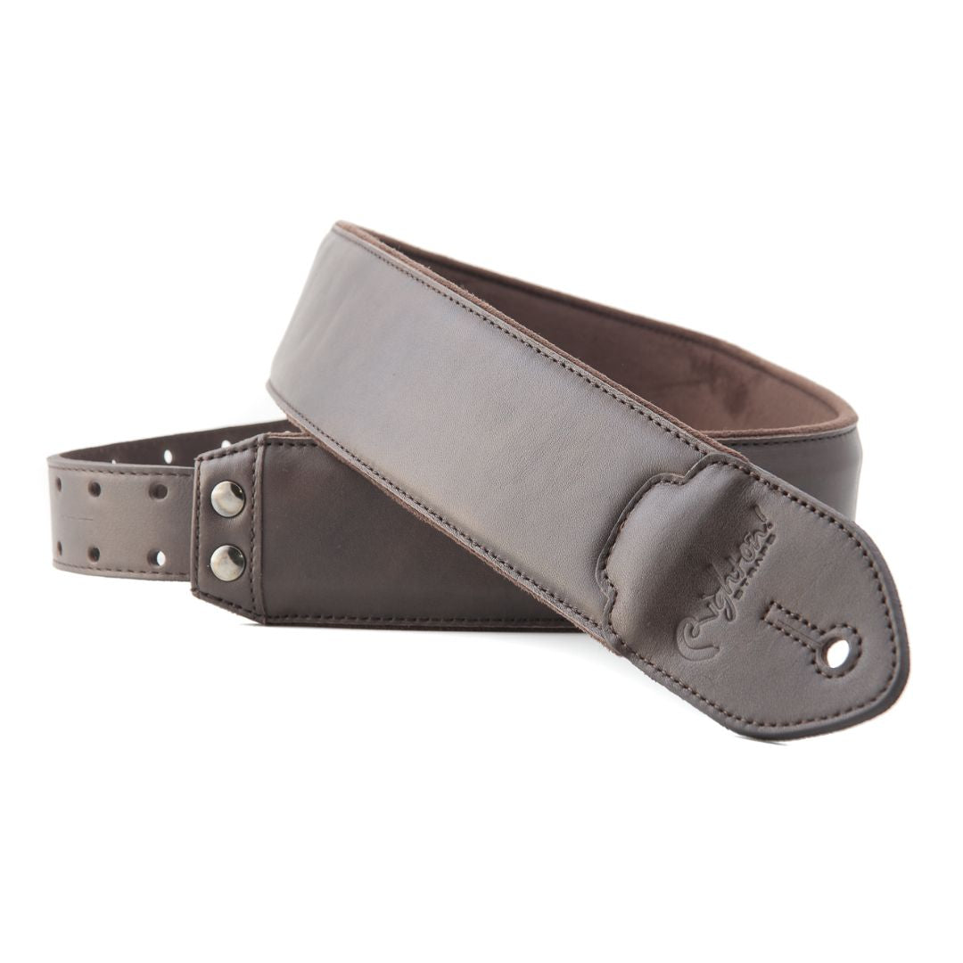 Curled view of RightOn Vintage Guitar Strap Brown on white background