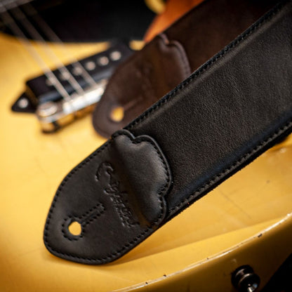 Close up view of RightOn Vintage Guitar Straps on top of guitar