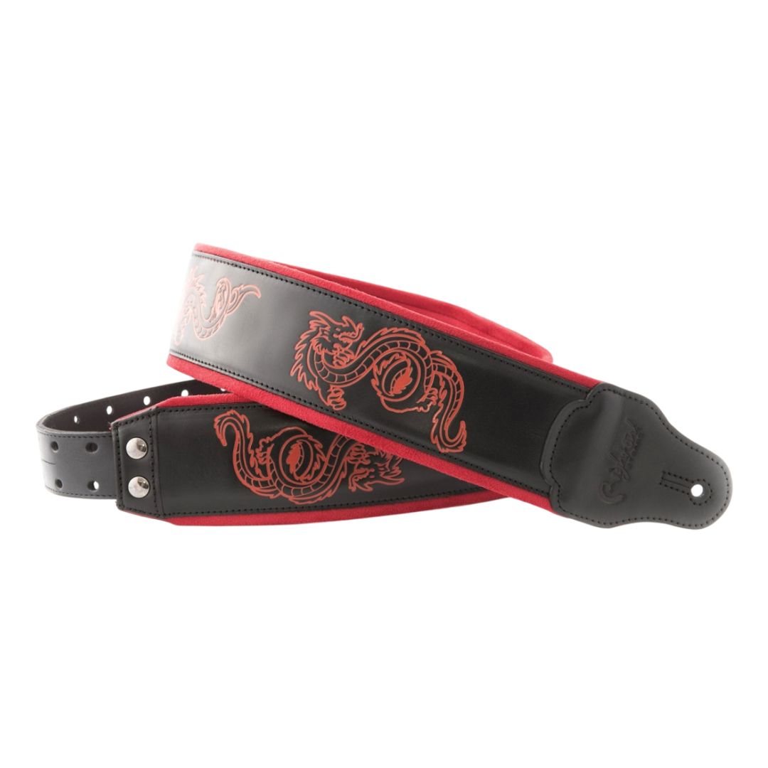 Curled view of RightOn Whole Lotta Love Guitar Strap on white background