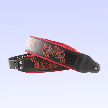 Curled view of RightOn Whole Lotta Love Guitar Strap on lilac background