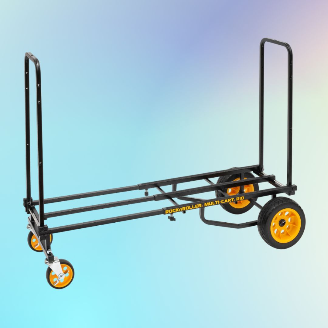 Multifunctional cart with yellow wheels on a gradient blue background