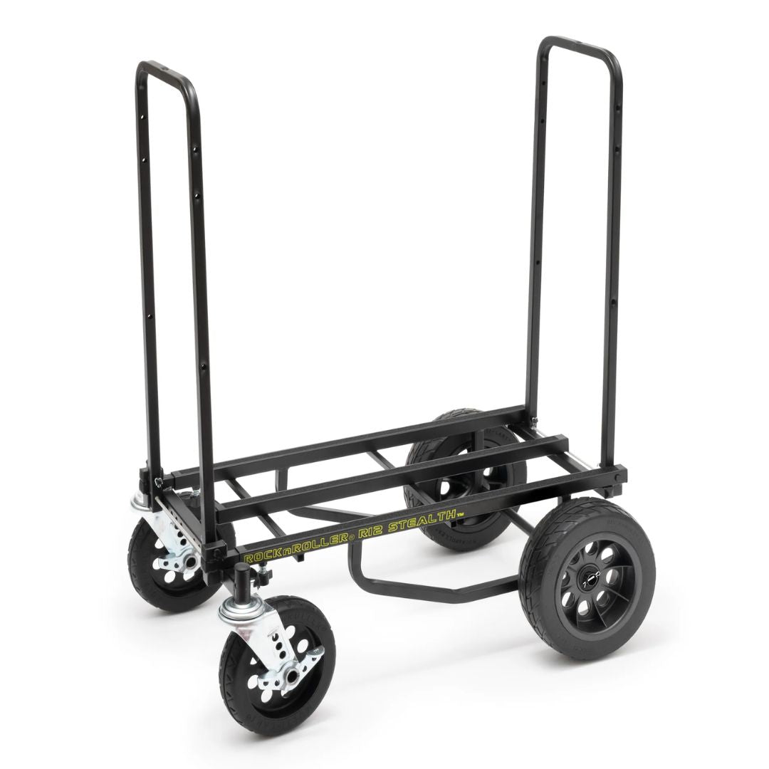 Black dolly with multiple wheels on a white background