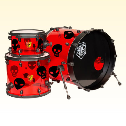Inclusions of SJC Drums Josh Dun Torch 3-Piece Kit Red with decals attached on yellow background
