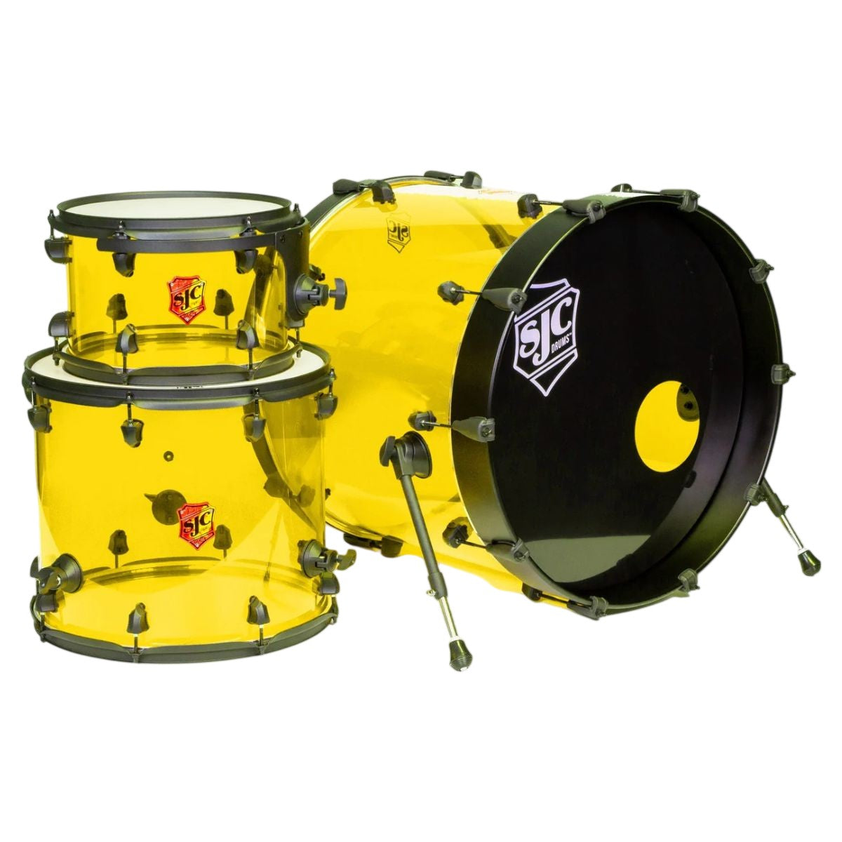 Inclusions of SJC Drums Josh Dun Torch 3-Piece Kit Yellow on white background