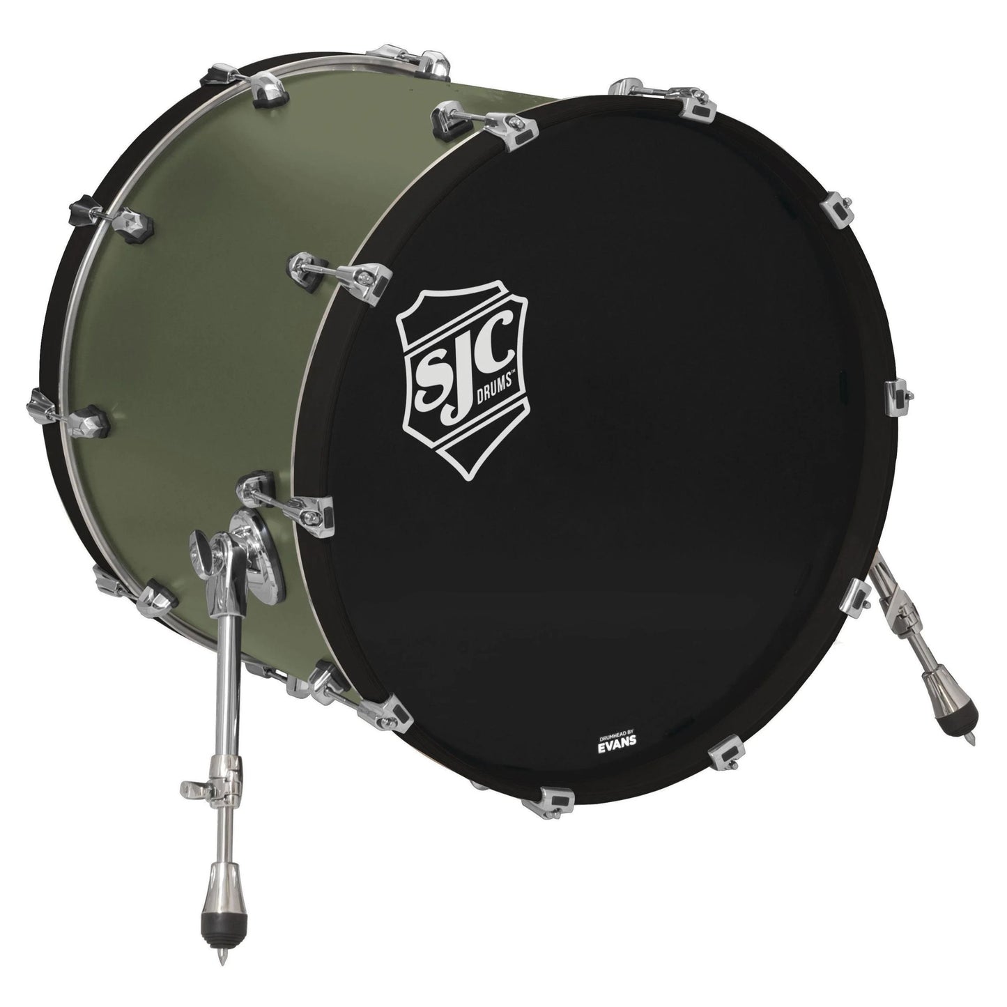 Angled view of SJC Drums Navigator 18" x 22" Bass Drum Deep Olive Green on white background