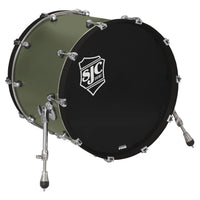 Angled view of SJC Drums Navigator 18" x 22" Bass Drum Deep Olive Green on white background