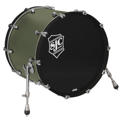 Angled view of SJC Drums Navigator 18" x 22" Bass Drum Deep Olive Green on white background