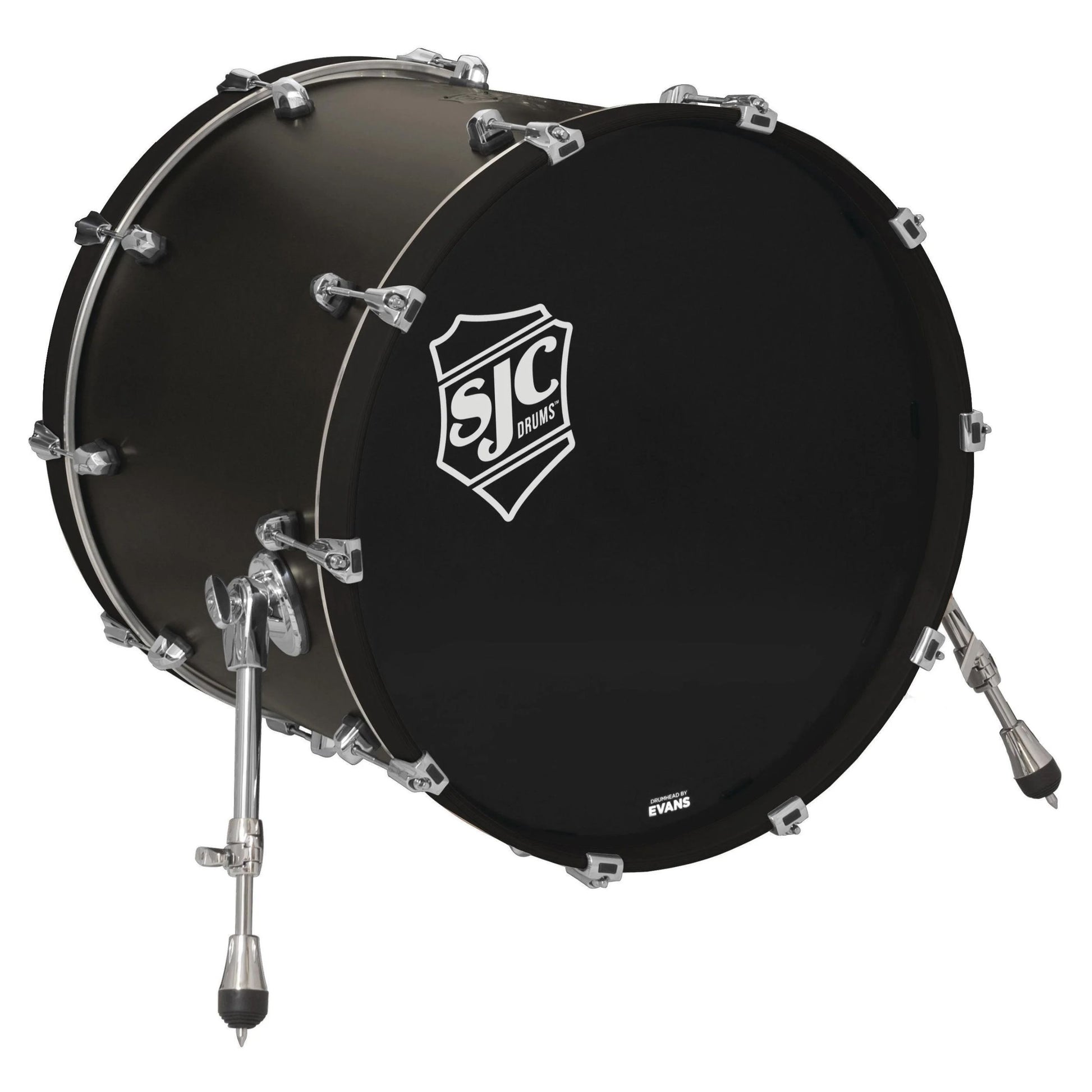 Angled view of SJC Drums Navigator 18" x 22" Bass Drum Ghost Black on white background