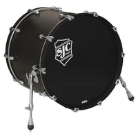 Angled view of SJC Drums Navigator 18" x 22" Bass Drum Ghost Black on white background