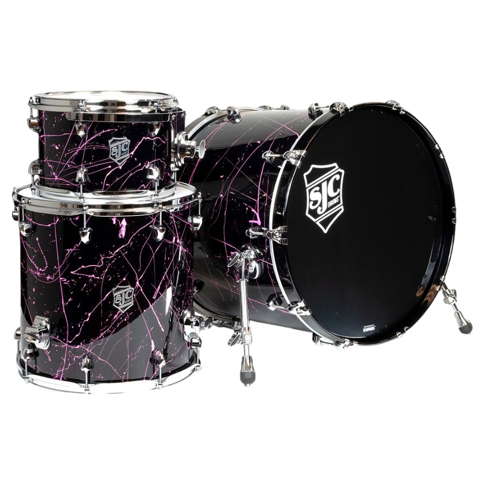 Inclusions of SJC Drums Navigator Series 3-Piece Kit Black with Pink Splatter on white background