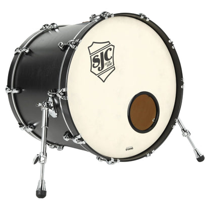 Angled front view of SJC Drums Tour 18" x 22" Bass Drum Matte Black on white background