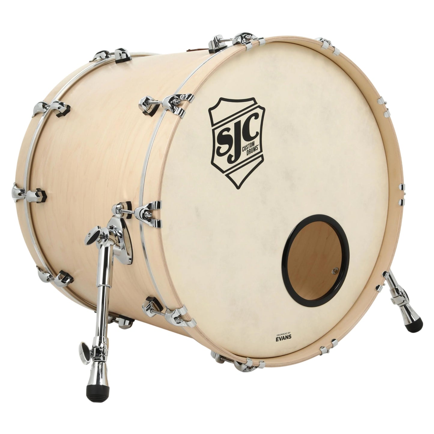 Angled front view of SJC Drums Tour 18" x 22" Bass Drum Natural on white background