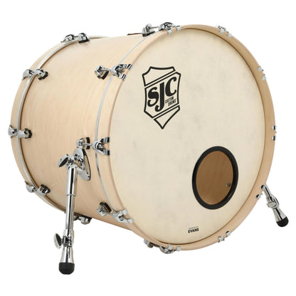Angled front view of SJC Drums Tour 18" x 22" Bass Drum Natural on white background