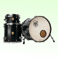 Inclusions of SJC Drums Tour Series 3-Piece Kit Matte Black on green background