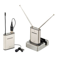 Samson wireless microphone system with transmitter and receiver on a white background