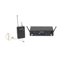 Samson wireless microphone system with receiver and headset on a white background