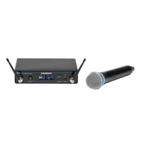Samson wireless microphone transmitter and handheld microphone on a white background