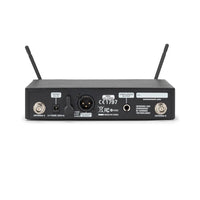 Back view of a wireless microphone transmitter with antennas on a white background