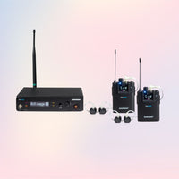 Wireless audio equipment set on a gradient background