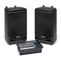 Two Samson speakers with a mixer on a white background