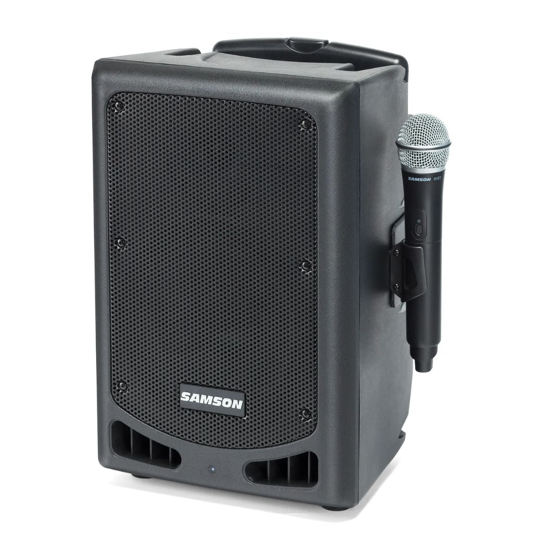Black Samson speaker with a microphone attached on a white background