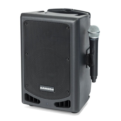 Black Samson speaker with a microphone attached on a white background