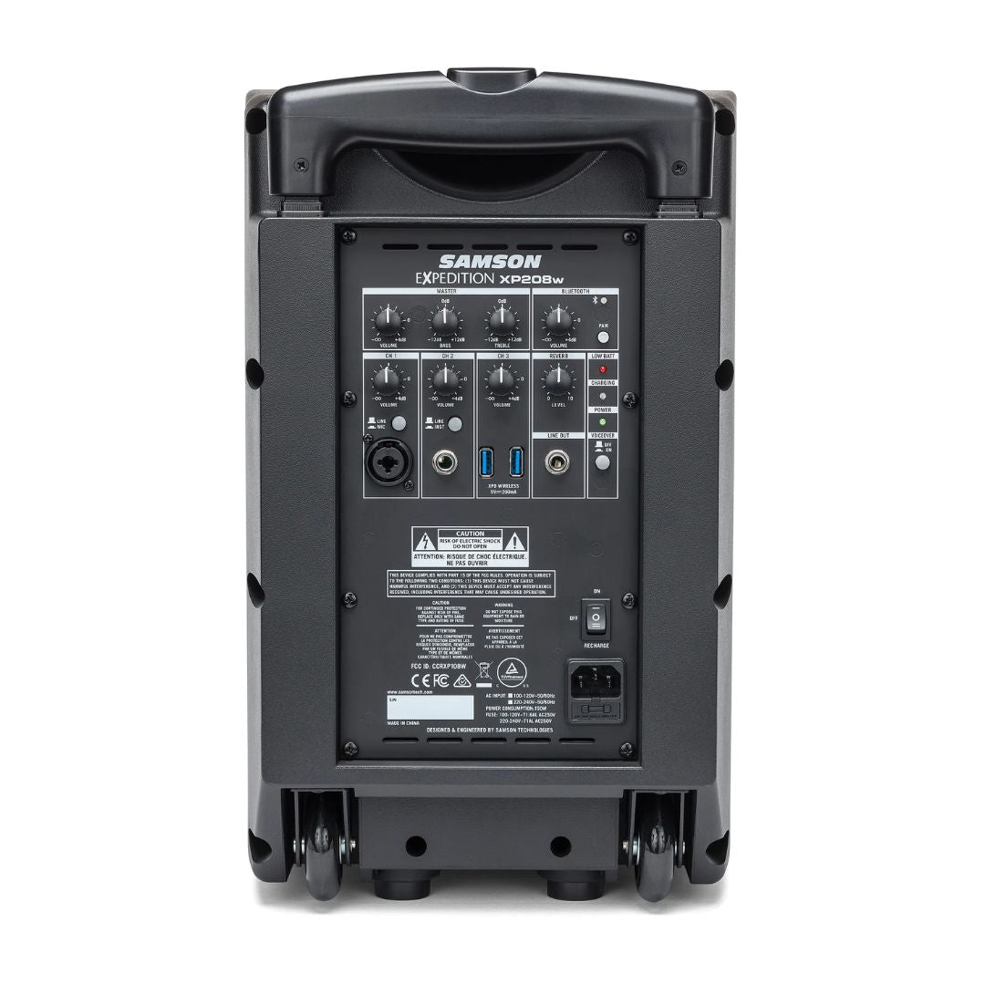 Back view of a Samson XPD208R portable PA speaker on a white background