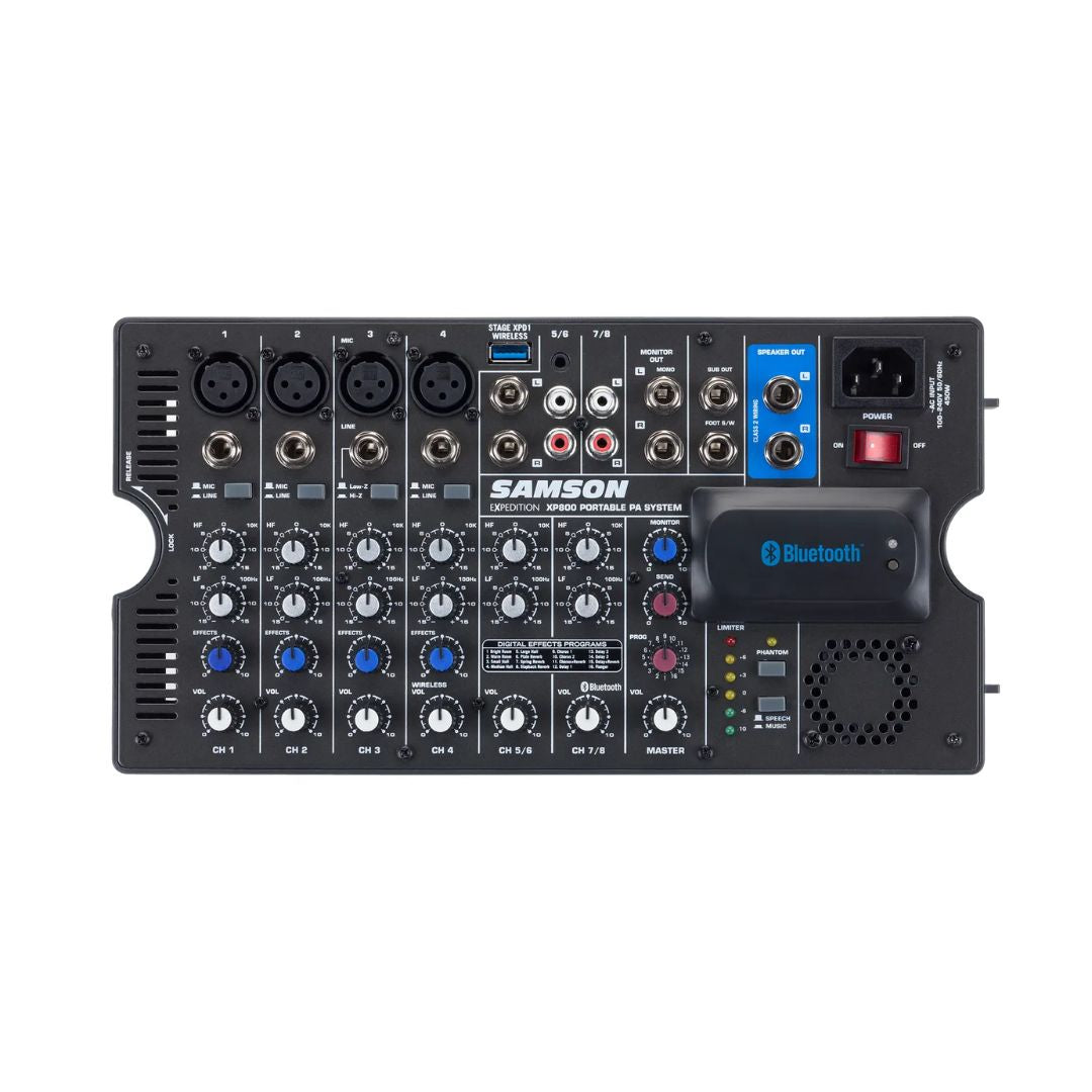 Samson audio mixer with various inputs and controls on a white background