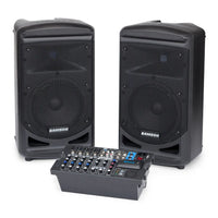 Two Samson speakers with a mixer on a white background