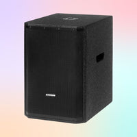 Black speaker with 'Samson' branding on a gradient background
