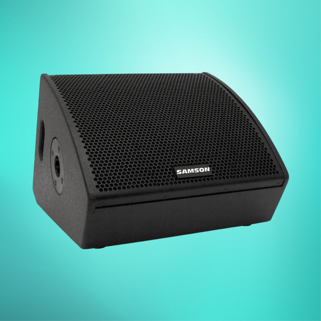 Black Samson speaker on a teal background