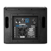 Back view of a Samson active studio monitor with control panel and branding.