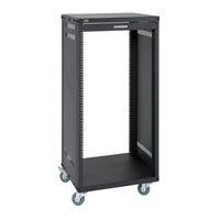 Black server rack with wheels on a white background