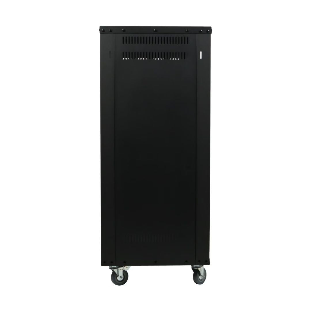 Black server rack with wheels on a white background