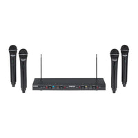 Wireless microphone system with four handheld microphones and a receiver on a white background