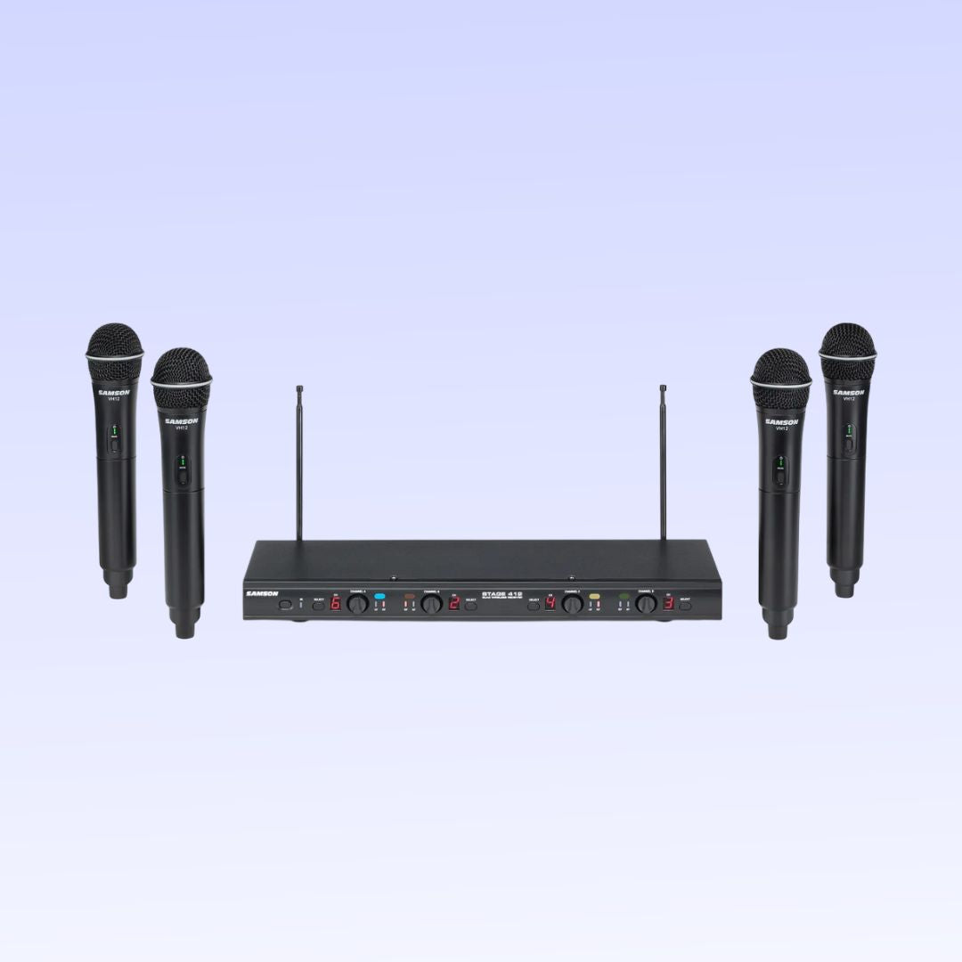 Wireless microphone system with four handheld microphones and a receiver on a light purple background