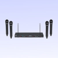 Wireless microphone system with four handheld microphones and a receiver on a light purple background