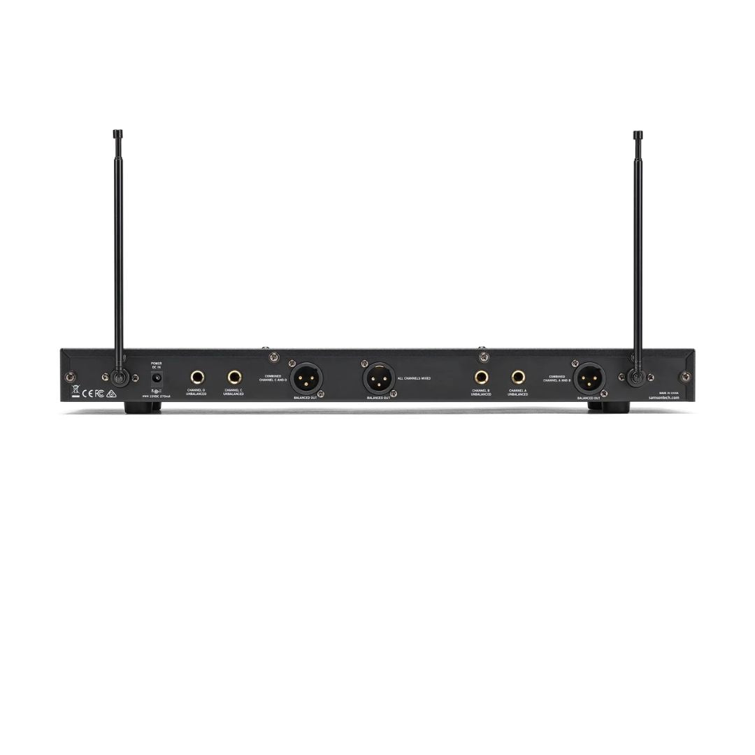 Back view of a wireless microphone transmitter on a white background