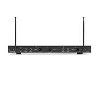 Back view of a wireless microphone transmitter on a white background