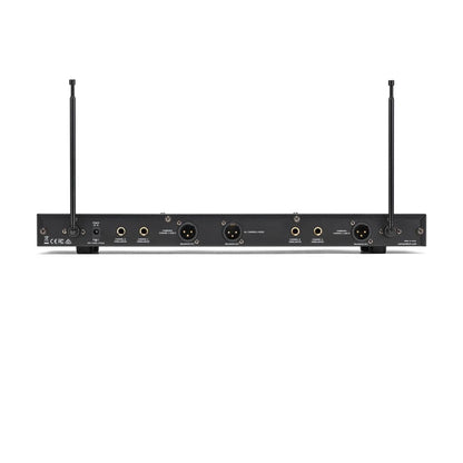 Back view of a wireless microphone transmitter on a white background