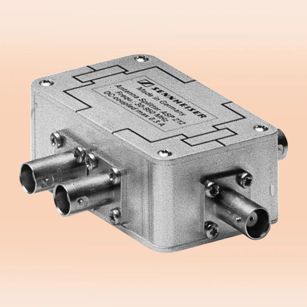 Angled view of Sennheiser ASP 212 2-Way Passive Antenna Splitter on orange background