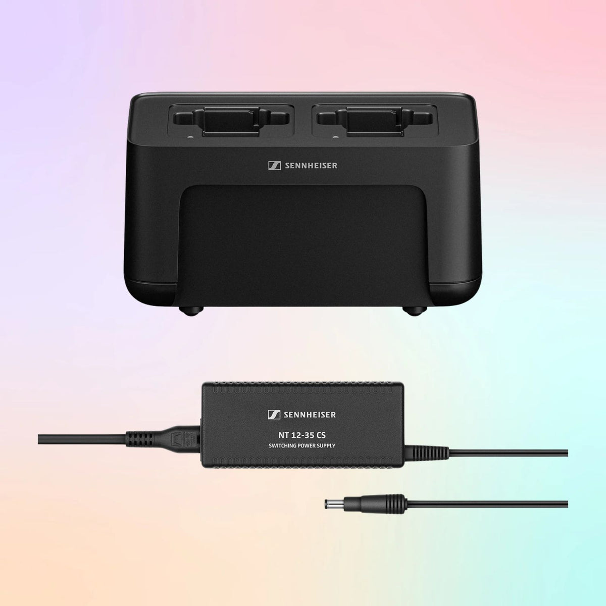 Inclusions of Sennheiser CHG 70N-C + PSU Kit on multicolored background